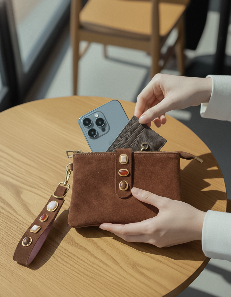 Gemstone Suede Wristlet Pouch & Keychain