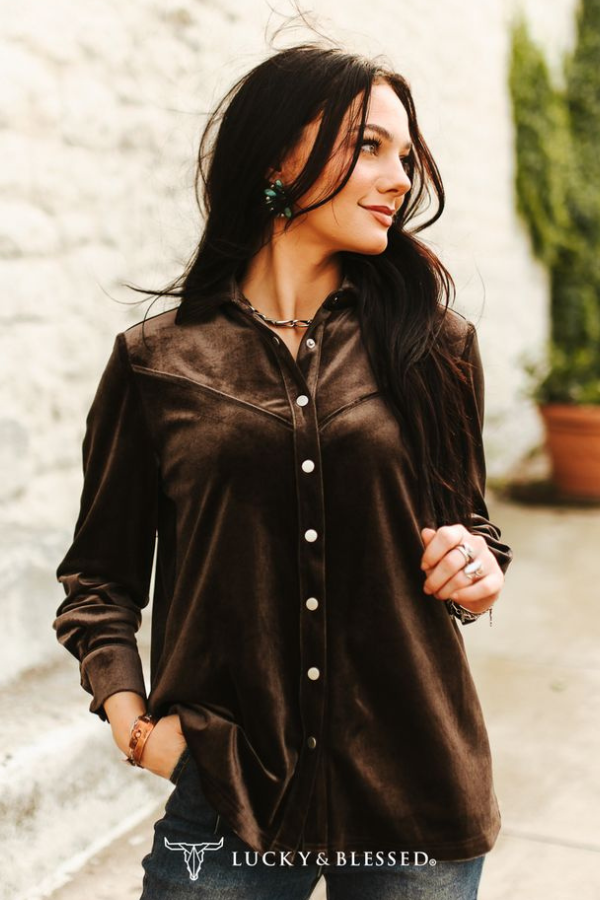 Dark Brown Velvet Western Yoke Pipping Bias Shirt