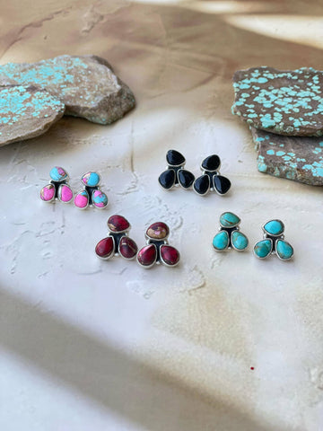 Handmade Sterling Silver Post 3 Stone Earrings