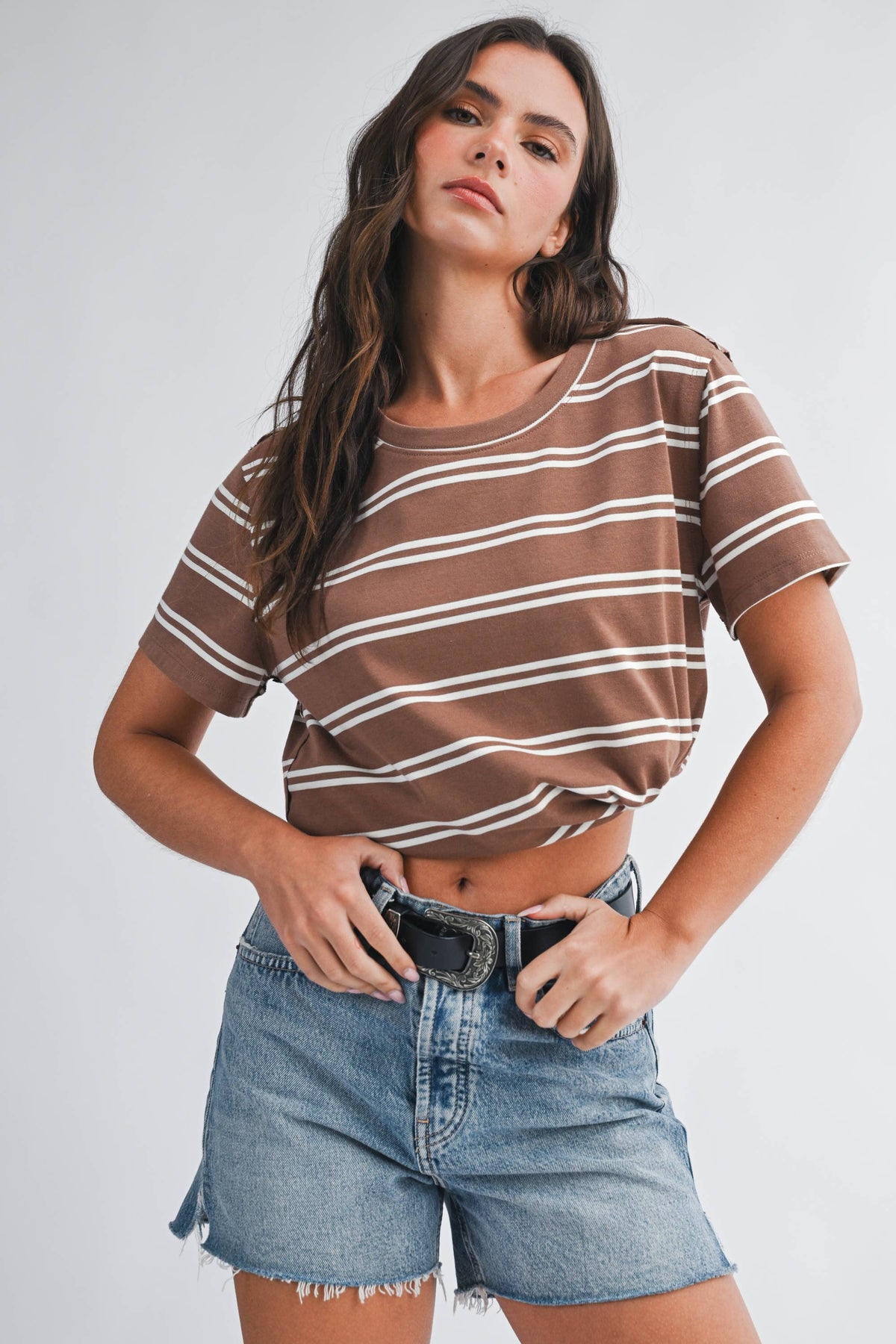 Brown Striped Boxy Short Sleeve Tee