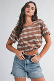 Brown Striped Boxy Short Sleeve Tee