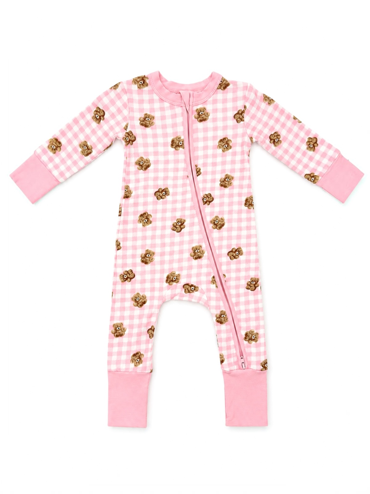 2-Way Zip Romper, Pink Teddy Picnic
