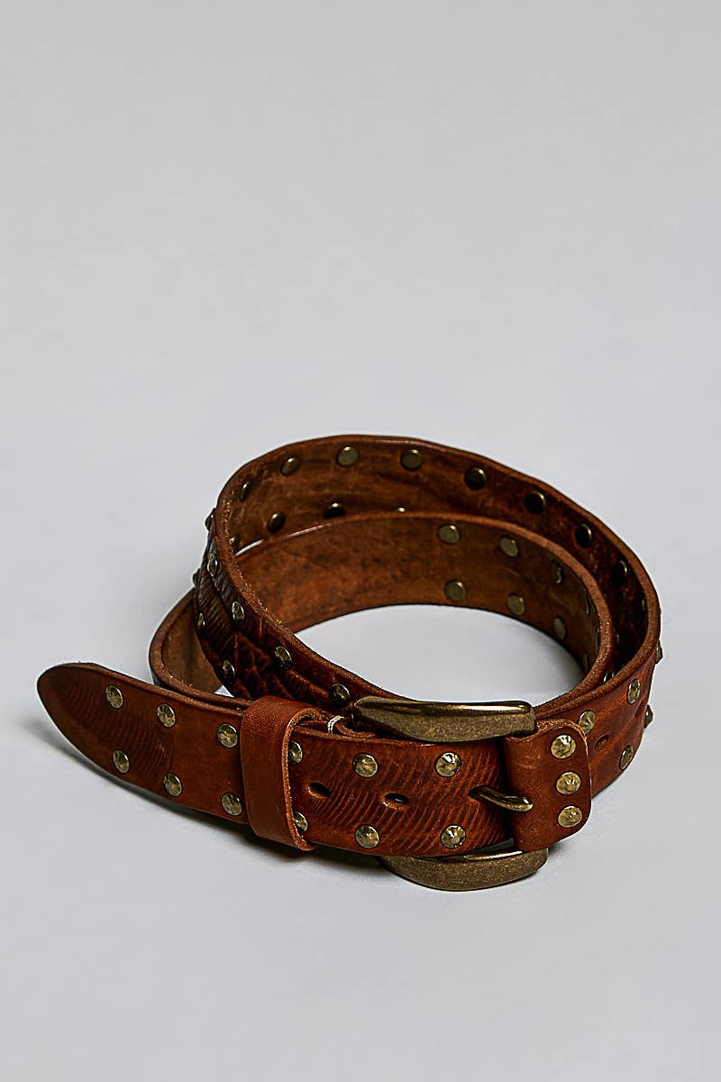 Allover Antique Brass-Tone Studded Genuine Leather Belt