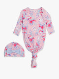 SoftSnooze™ Baby Girls Bamboo Viscose Pretty in Pink Floral Ruffle Knotted Sleep Gown & Bow Hat Set