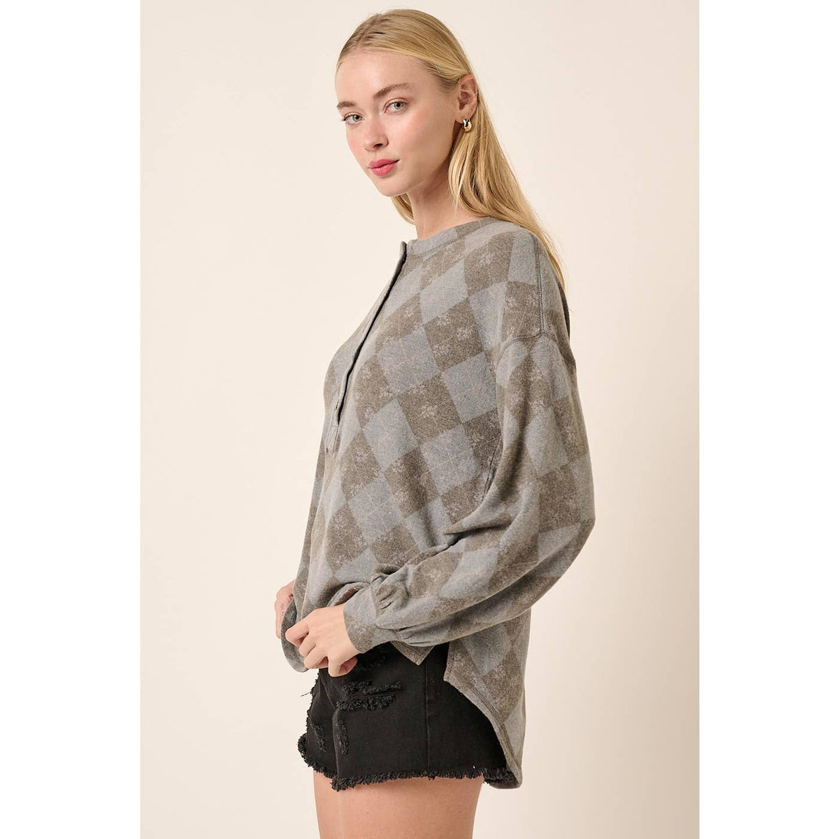 Argyle Pattern Henley Long Sleeve Top