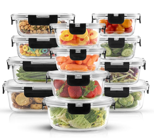12 Piece Glass Kitchen Storage Containers with Lids - Black