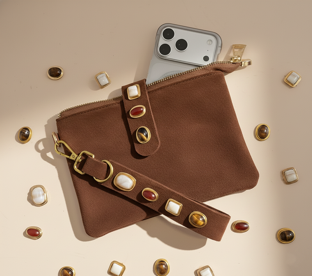 Gemstone Suede Wristlet Pouch & Keychain