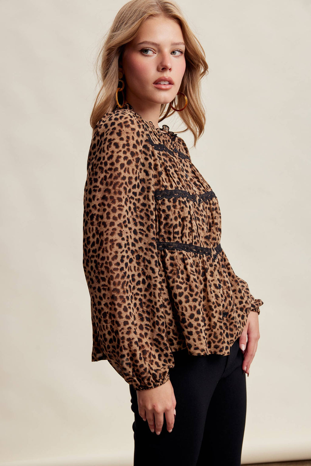Leopard Print Lace Trim Blouse
