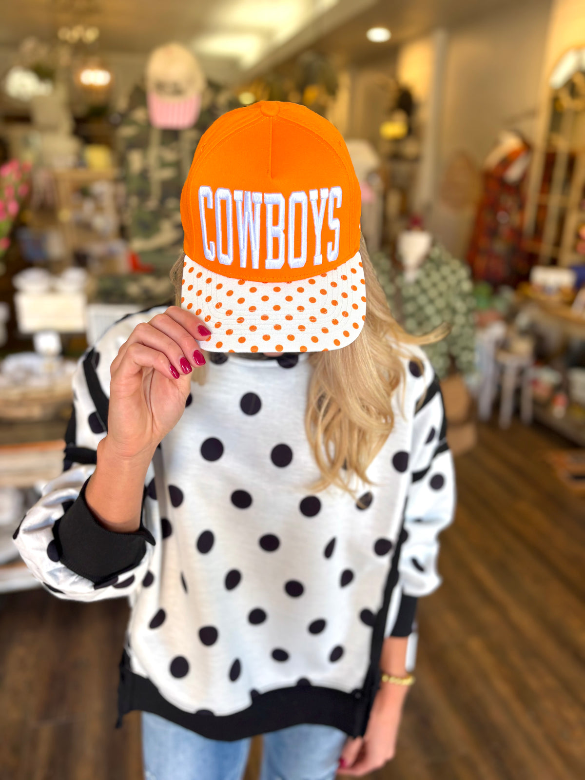 Cowboys Orange and White Polka Dot Cap