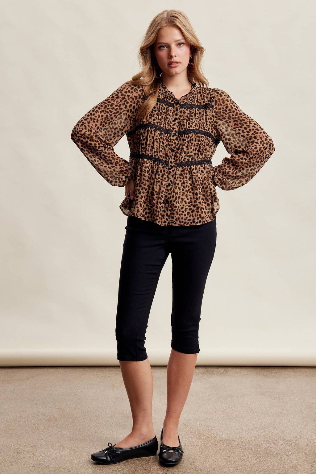 Leopard Print Lace Trim Blouse