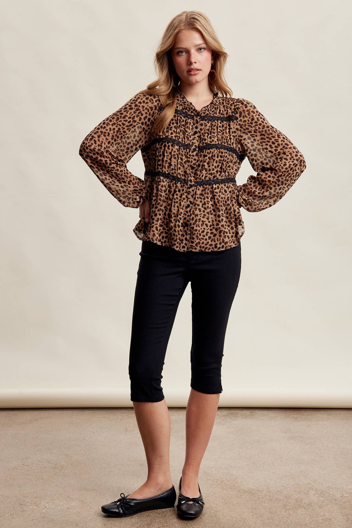 Leopard Print Lace Trim Blouse