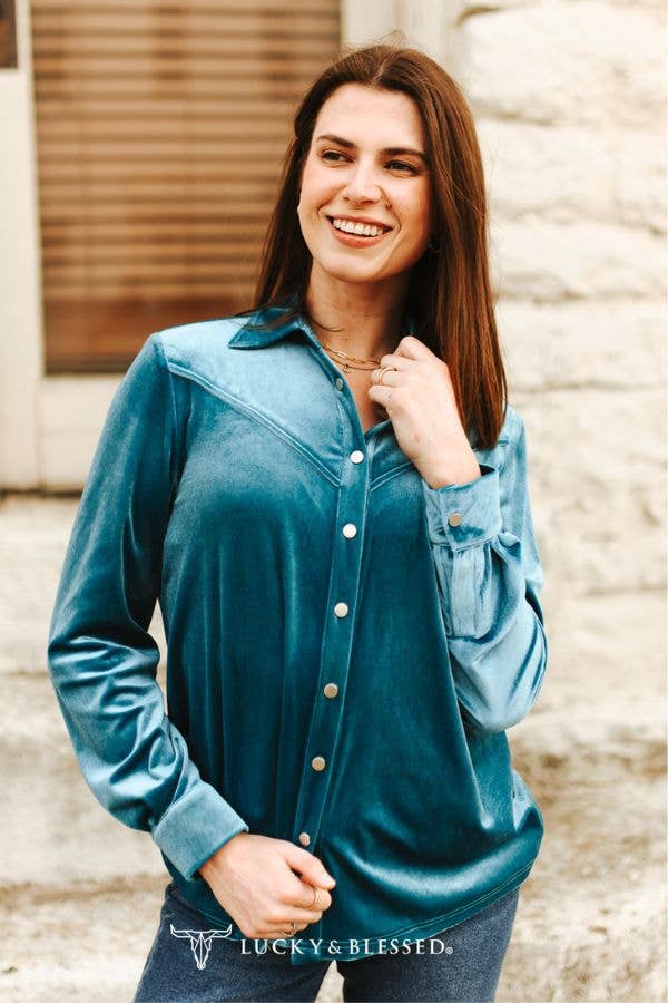 Teal Blue Velvet Western Yoke Pipping Bias Shirt