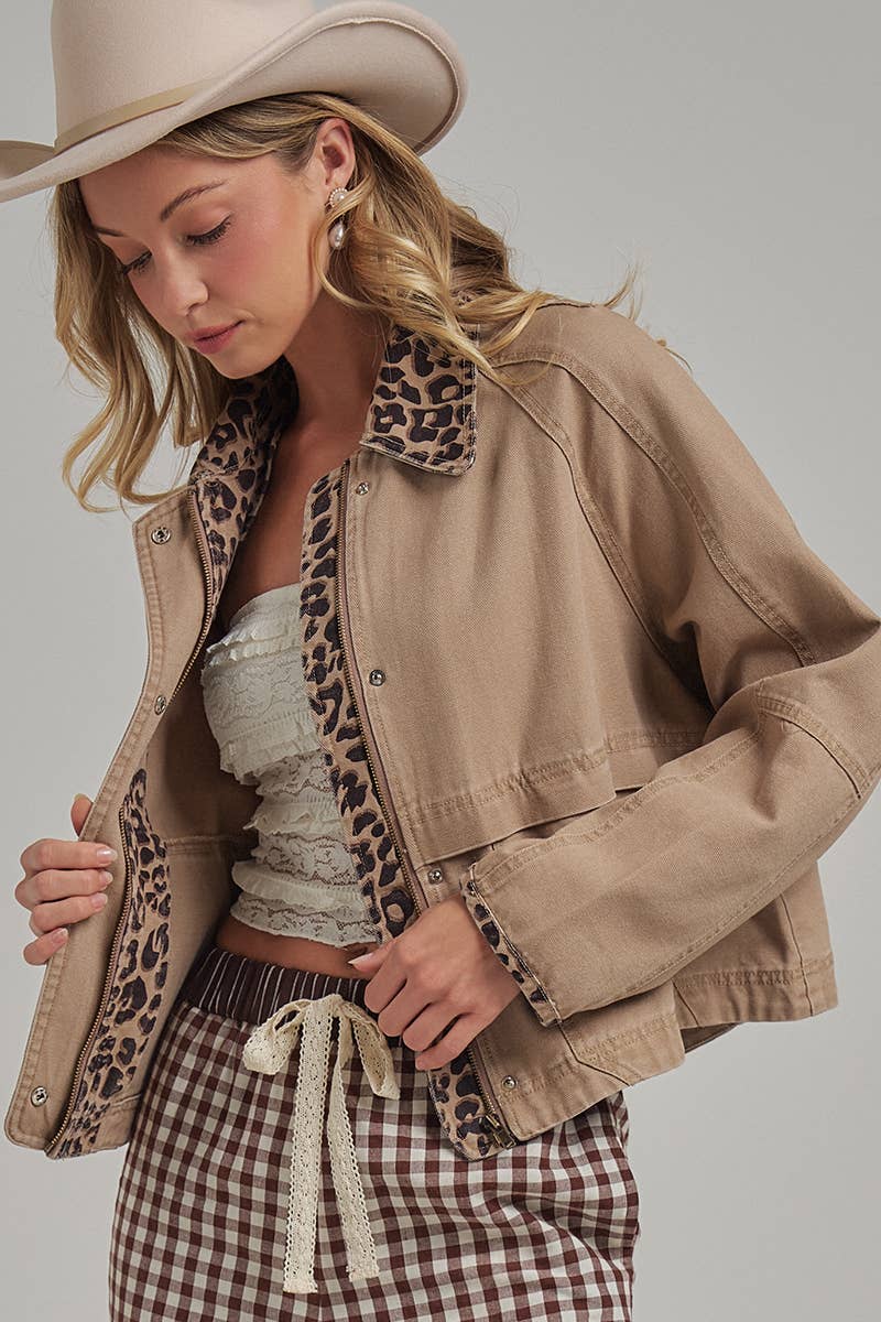 Twill Barn Coat with Leopard Detail