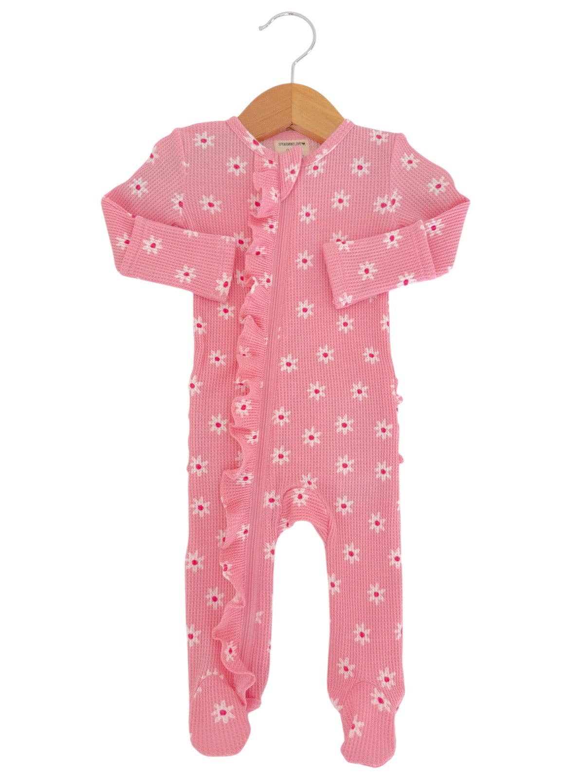 Organic Waffle 2-Way Zip Ruffle Footie, Pink Flower