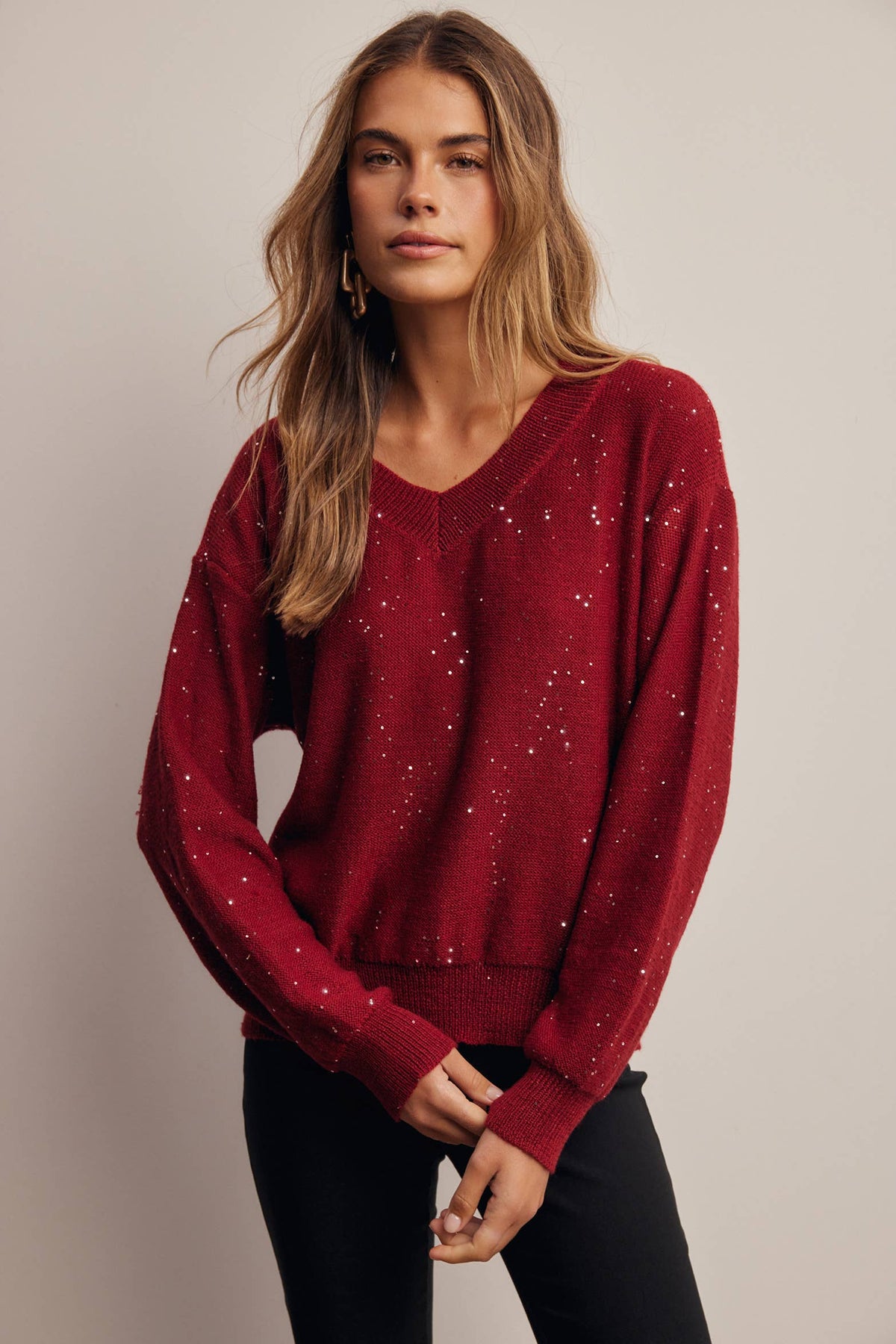 Sequin Embellished V-Neck Knit Sweater