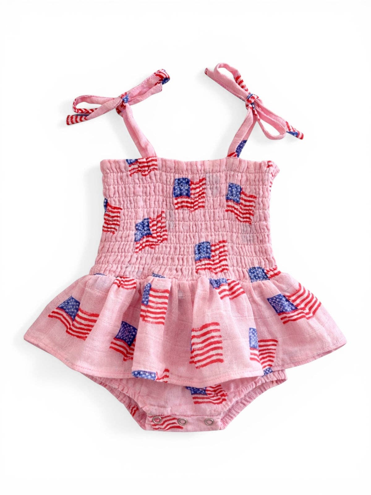 Muslin Smocked Bubble w/ Skirt, American Flag Pink
