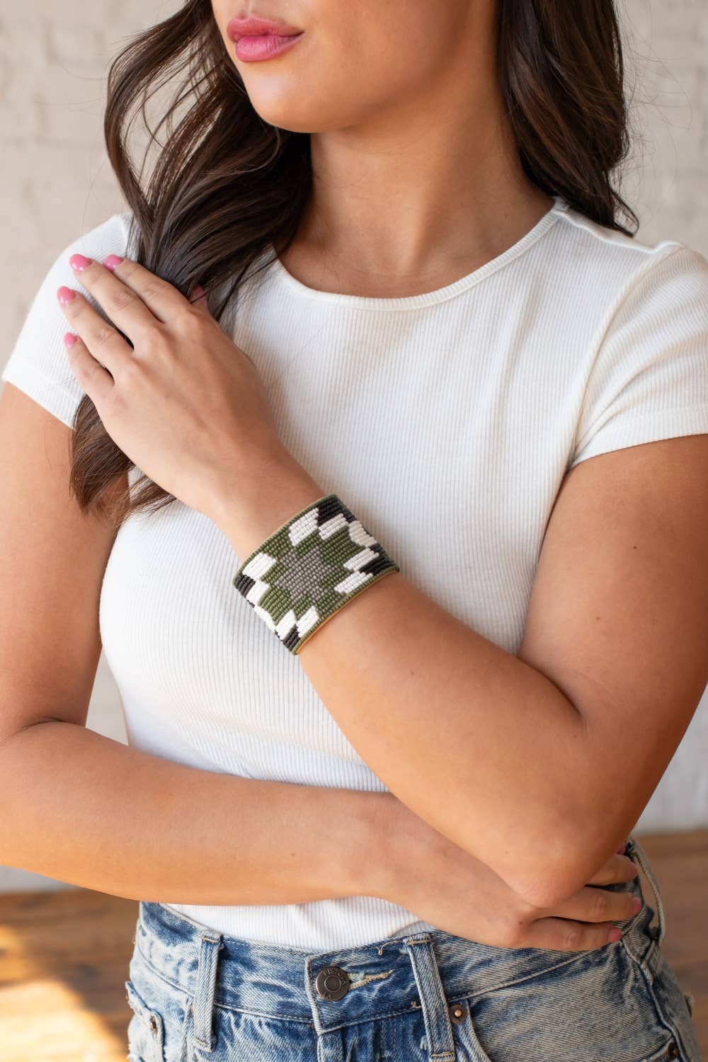 Green, White & Black Beaded Cuff