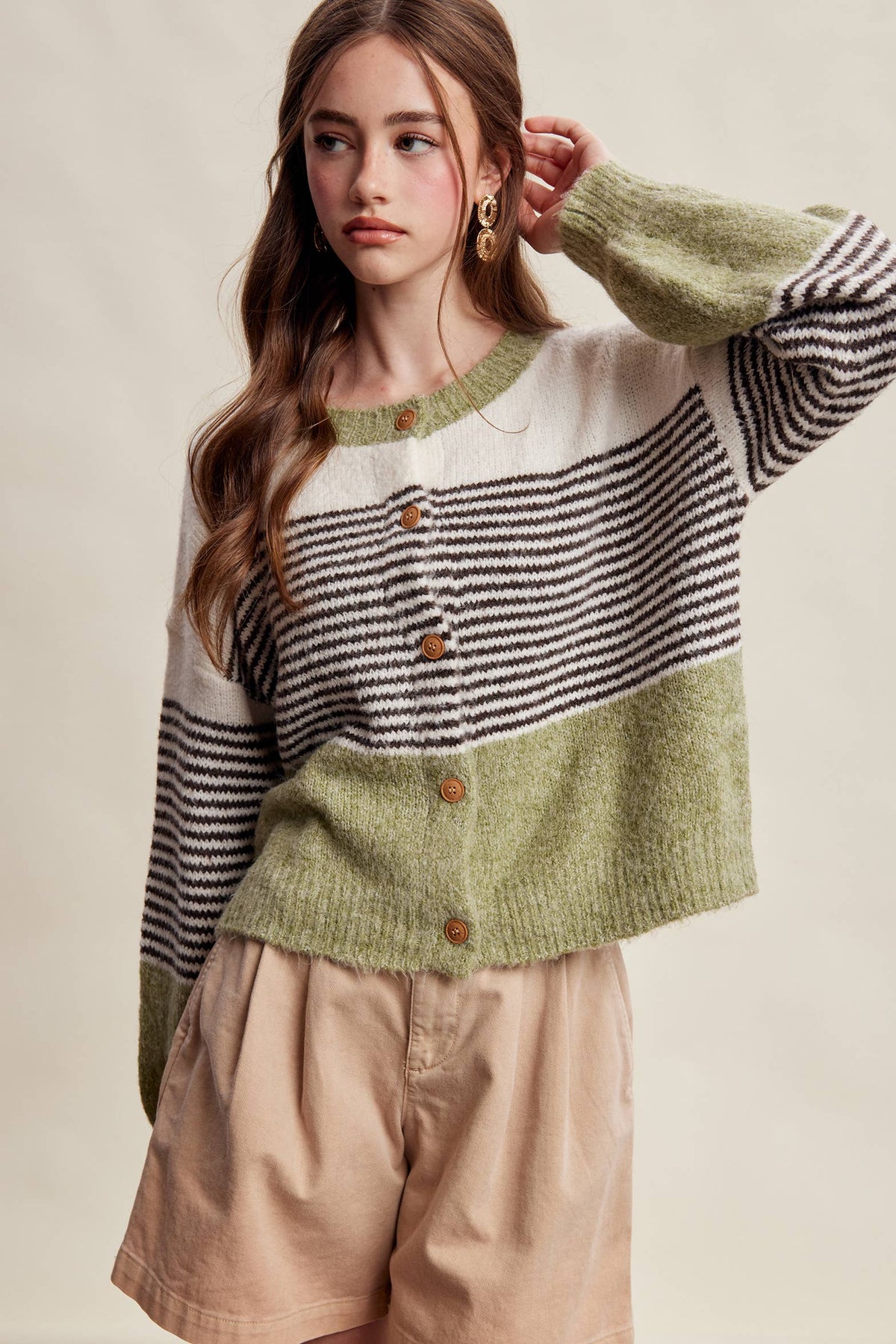 Striped Color Block Button Front Cardigan