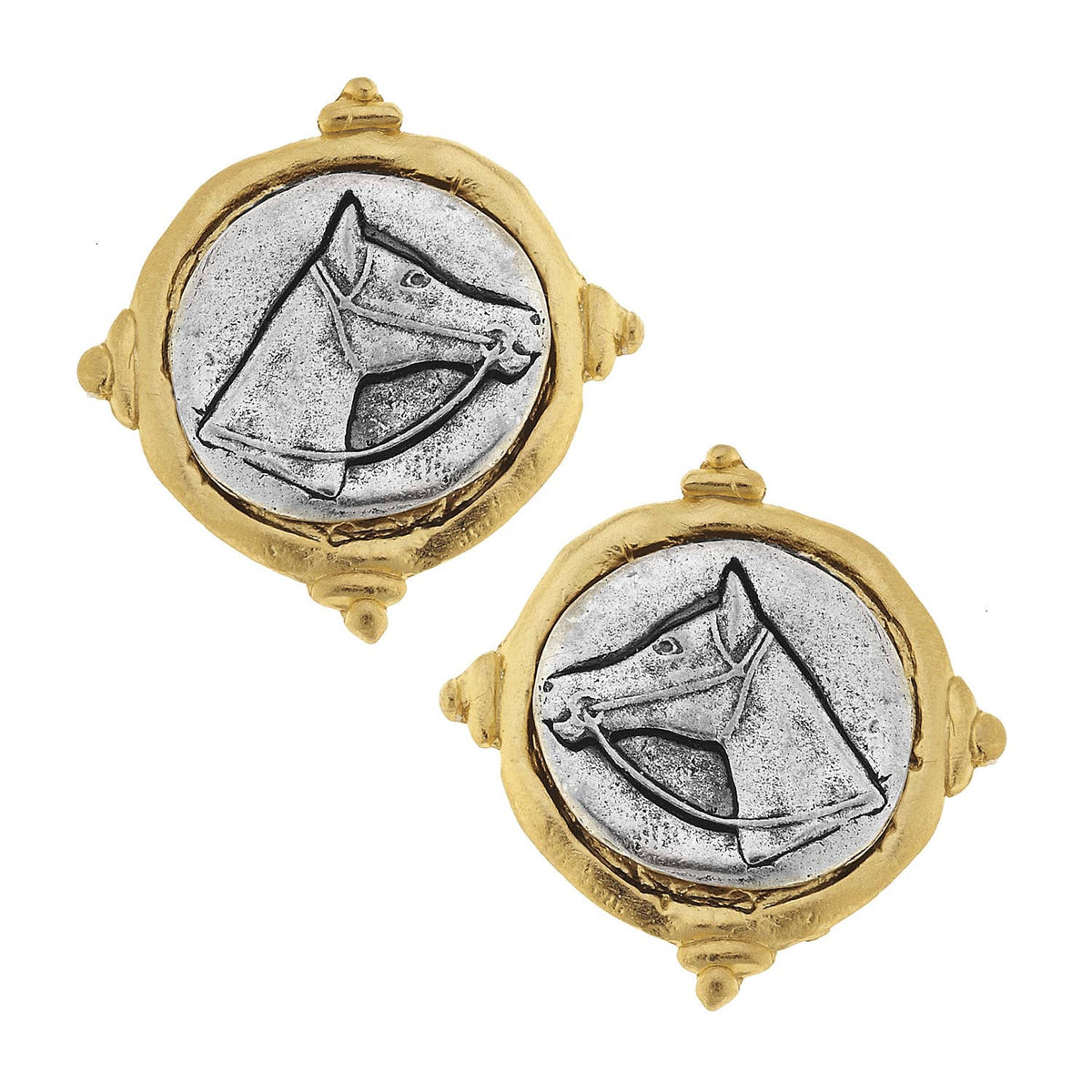 Susan Shaw Gold and Silver Intaglio Horse Pierced Earrings