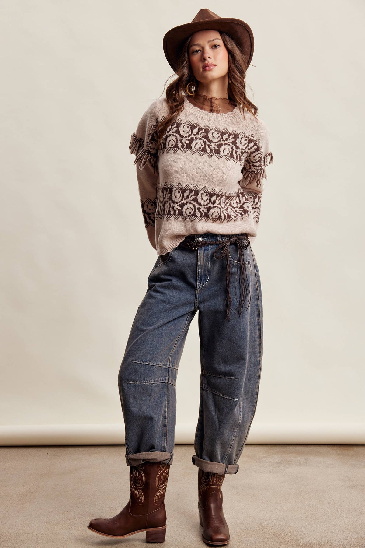 Western Fringe Pattern Knit Sweater
