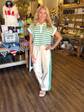 Green Striped Wide-Leg Drawstring Track Pants