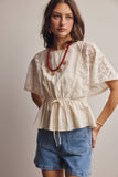 Lace Cape Sleeve Cotton Peplum Top