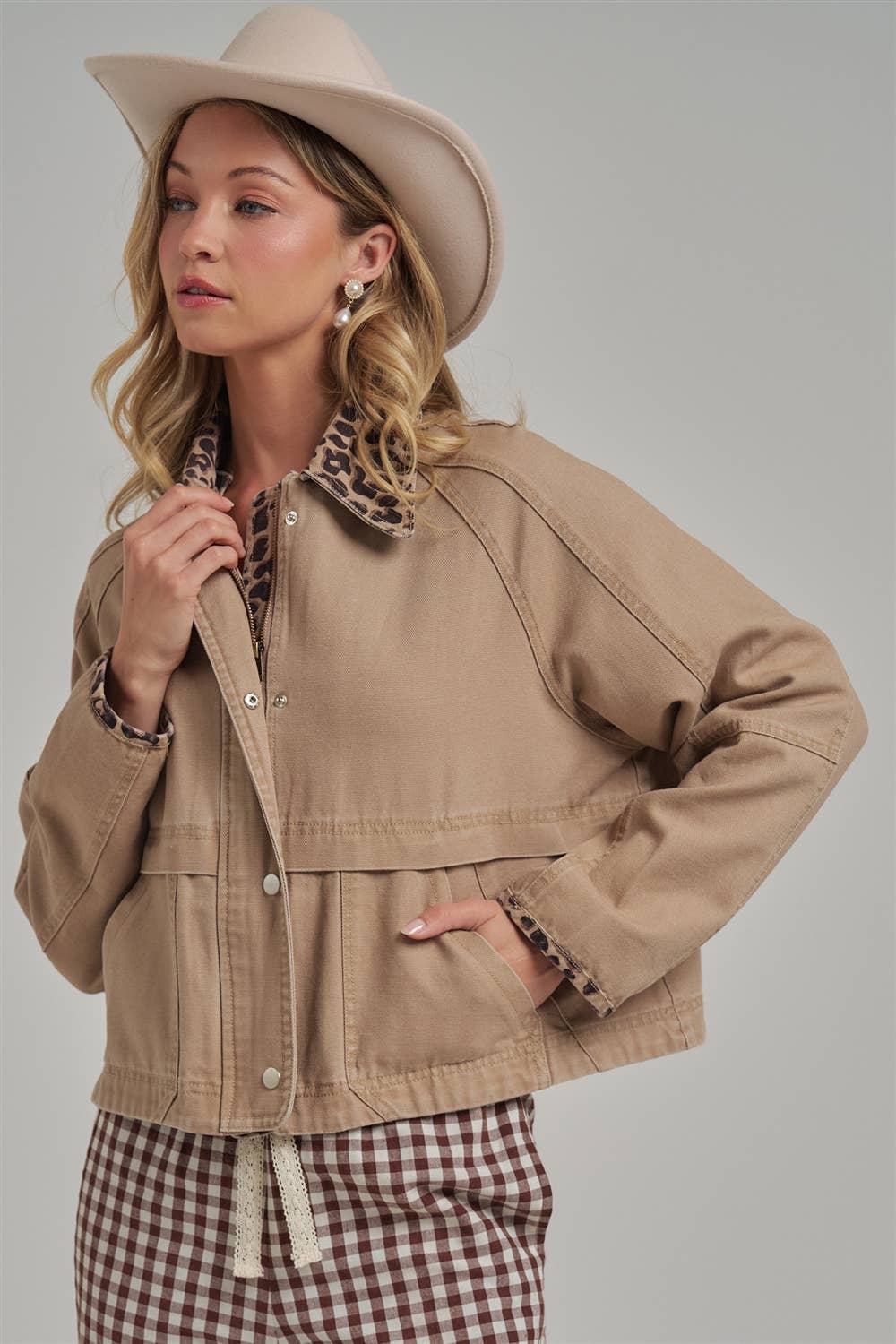 Twill Barn Coat with Leopard Detail