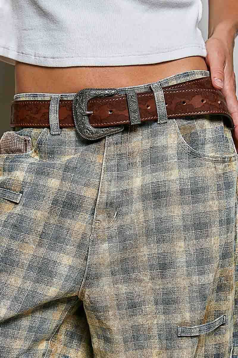 Western-Inspired Floral Embossed Genuine Leather Belt