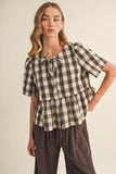 Keyhole Tie-Neck Gingham Peplum Blouse