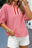 Plaid Short Sleeve Colorblock Trim Split Neck Blouse