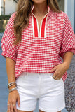 Plaid Short Sleeve Colorblock Trim Split Neck Blouse