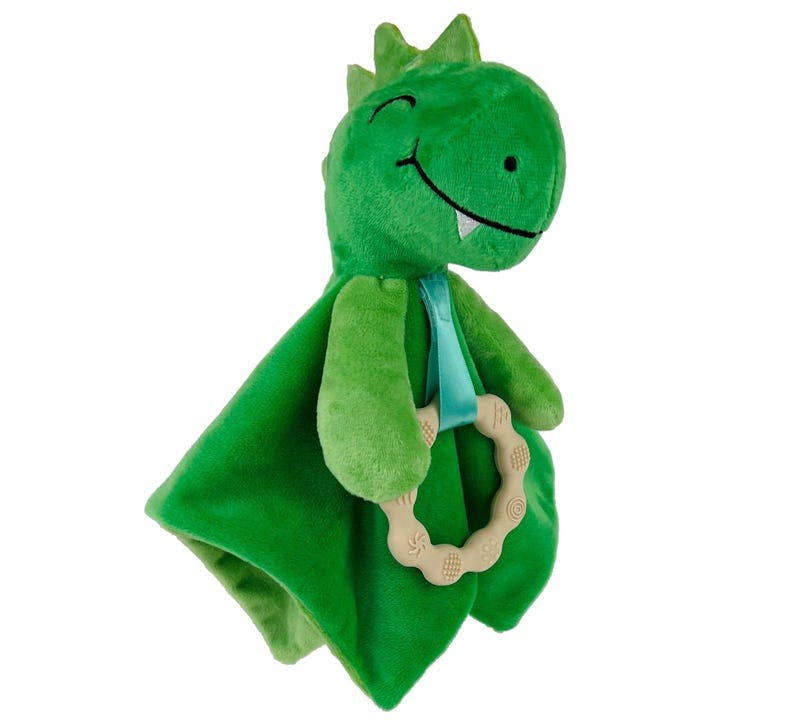 Dylan Dino Plush Toy with Teether: Dinosaur Lovey, Shower Gift, Security Blanket for Babies