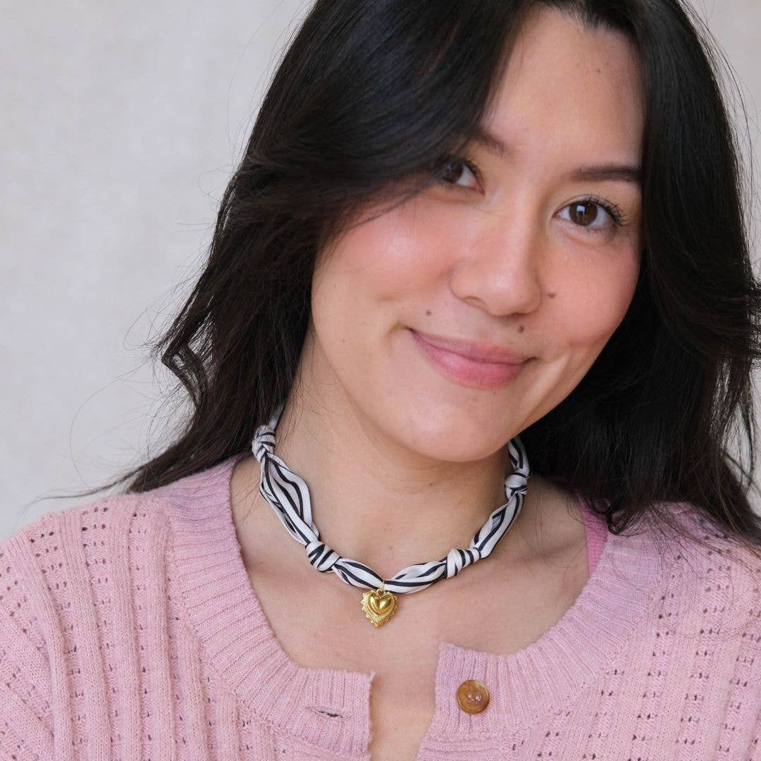 Black & White Stripe Satin Scarf Necklace in Gold