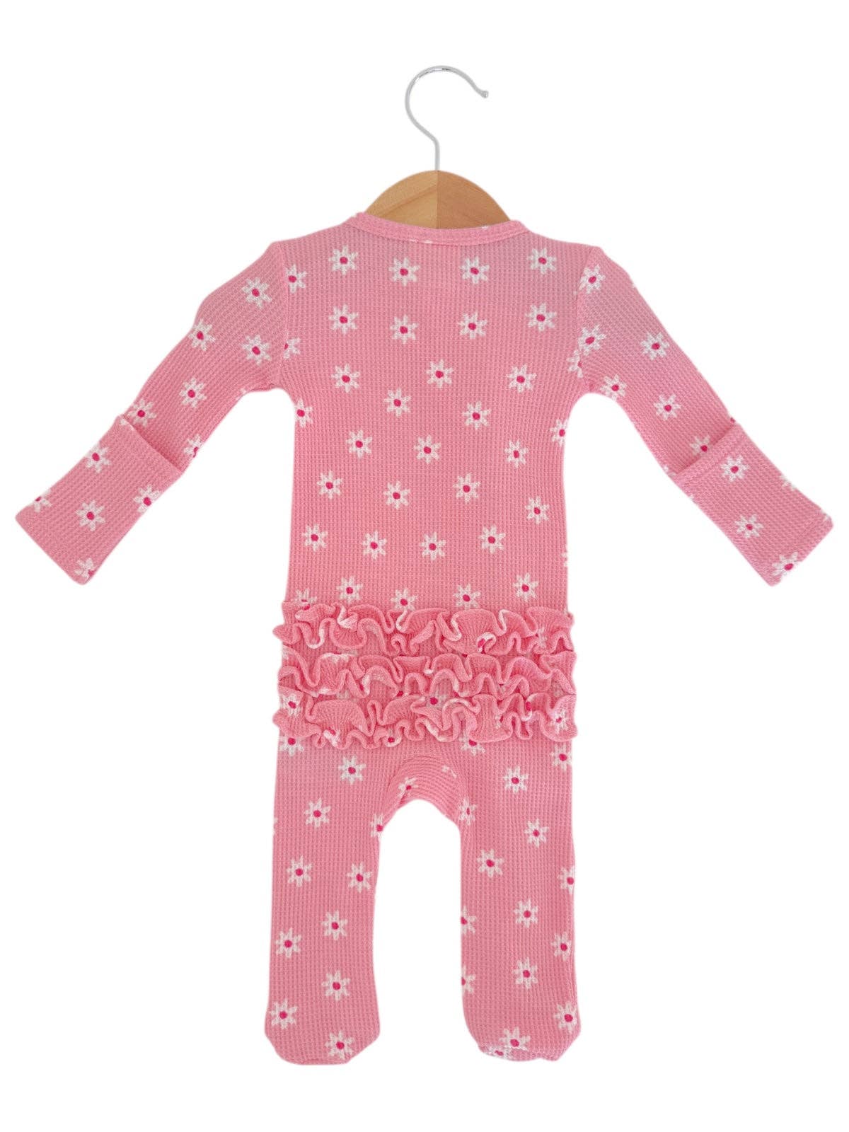 Organic Waffle 2-Way Zip Ruffle Footie, Pink Flower