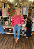 Strawberry Pink Mix Striped Drop Shoulder Patchwork Sleeve V Neck Pullover