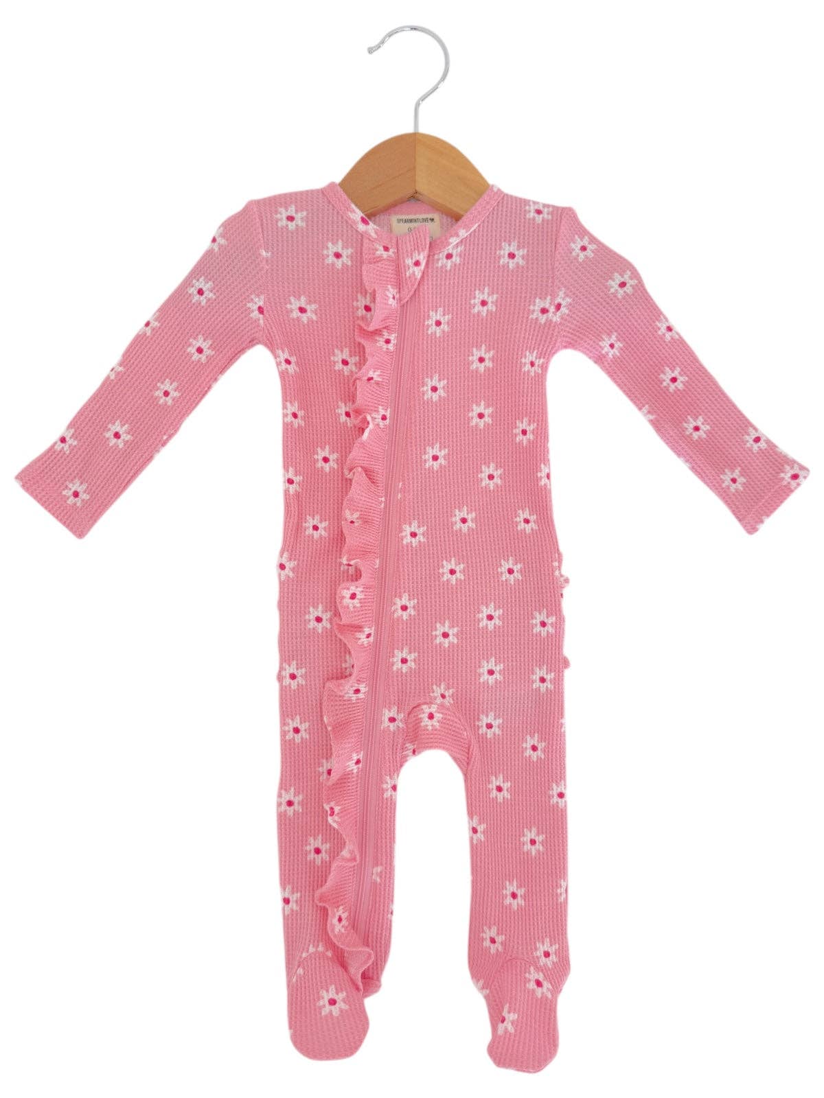 Organic Waffle 2-Way Zip Ruffle Footie, Pink Flower