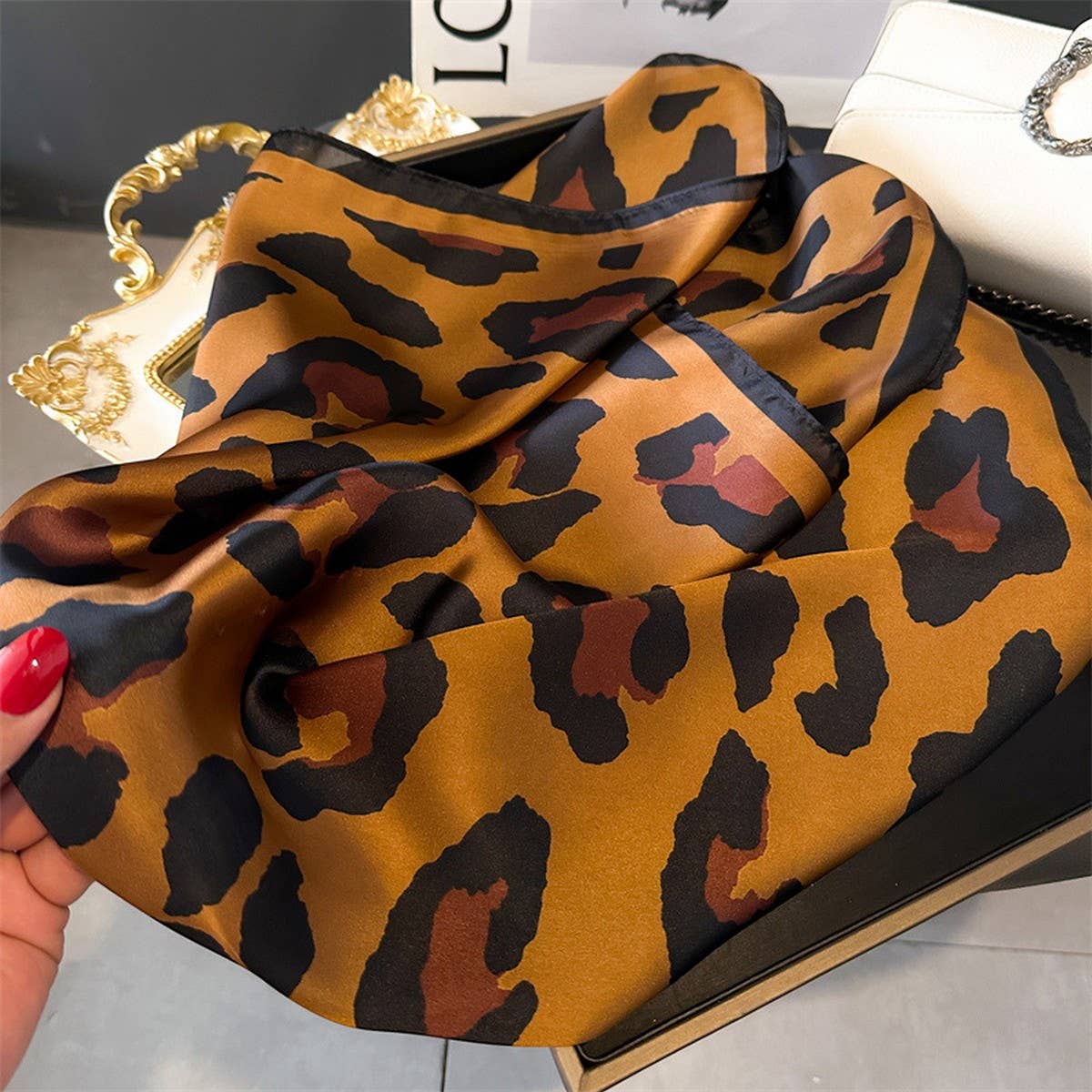 Leopard Print Satin Square Scarf, Hair Wrap