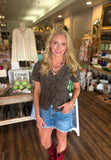 Leopard Printed Short Sleeve Denim Top