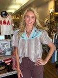 Western Pony Embroidered Yoke Puff Sleeve Gingham Blouse