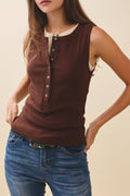 Brown Ribbed Henley Tank Top