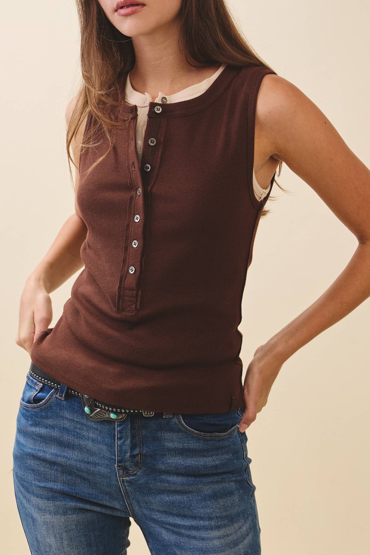 Brown Ribbed Henley Tank Top