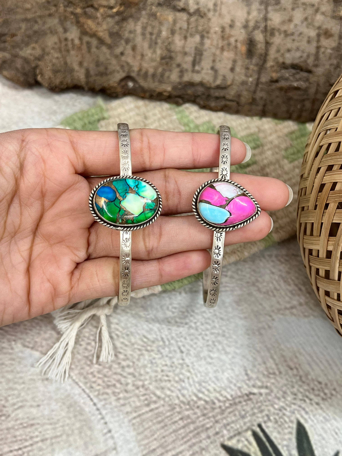 Handmade Sterling Silver Peacock Dahlia, Cotton Candy Turquoise Cuff Bracelet