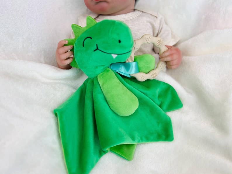 Dylan Dino Plush Toy with Teether: Dinosaur Lovey, Shower Gift, Security Blanket for Babies