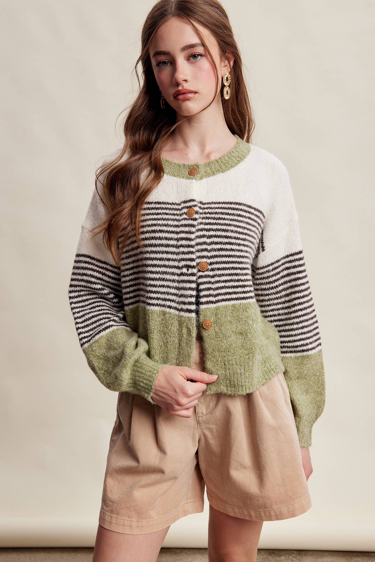 Striped Color Block Button Front Cardigan