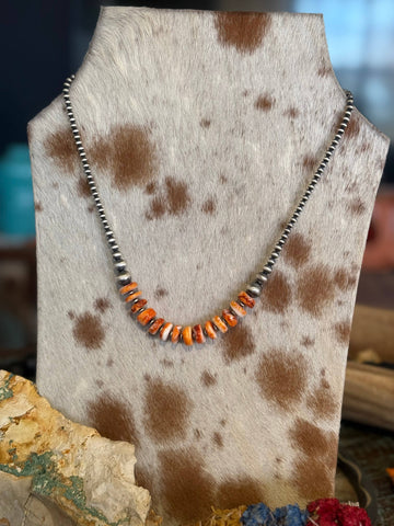 Graduated  Sterling Pearls & Orange Spiny Oyster