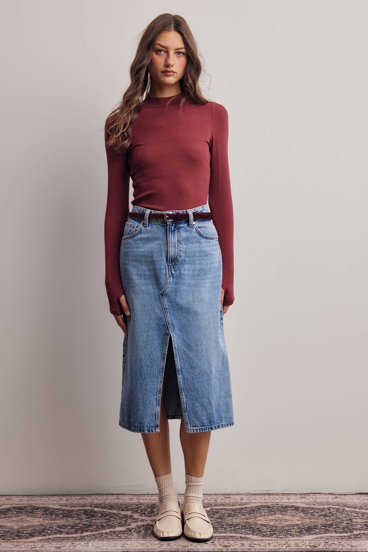 Stretch Ribbed Mock Neck Top