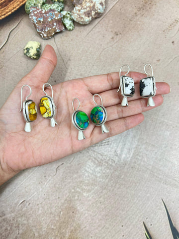 Handmade Sterling Silver Peacock Dahlia, White Buffalo Turquoise, Honey Dahlia Blossom Dangle Earrings with Signed Nizhoni