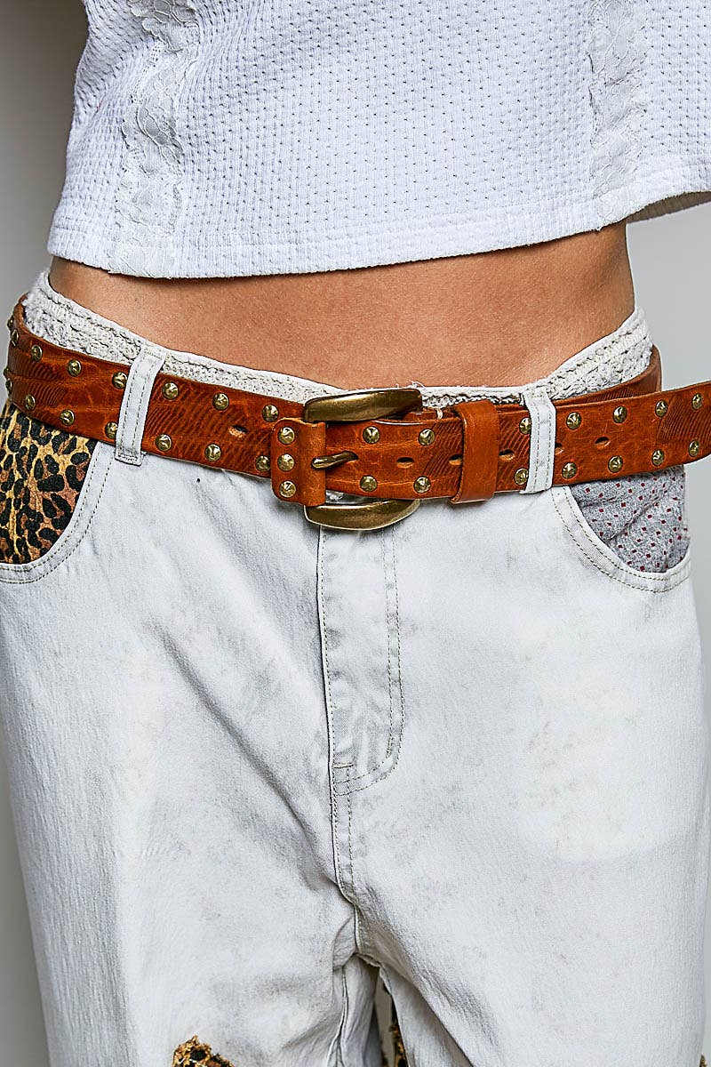 Allover Antique Brass-Tone Studded Genuine Leather Belt