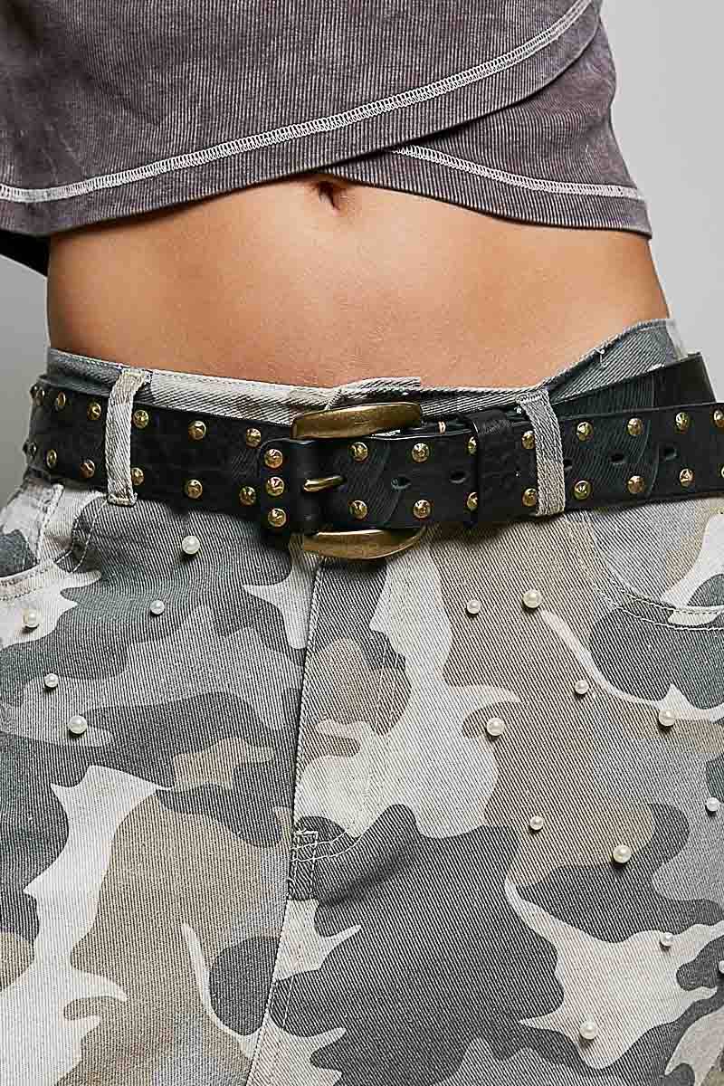 Allover Antique Brass-Tone Studded Genuine Leather Belt