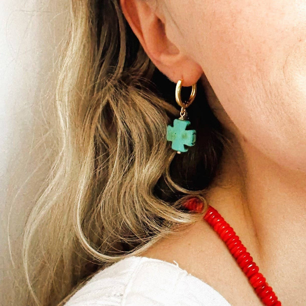 Turquoise Cross Huggie Hoop